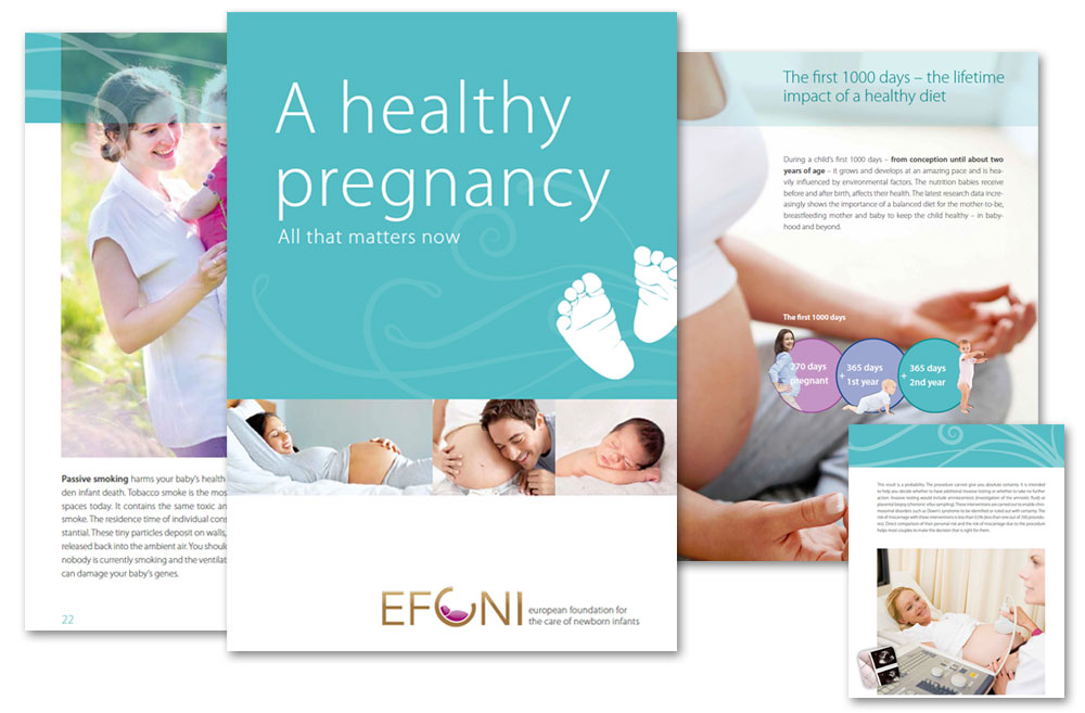 Collage image of pages from the 'A Healthy Pregnancy - All that matters now' document produced by the EFCNI. Clicking on this image downloads the document in PDF format.
