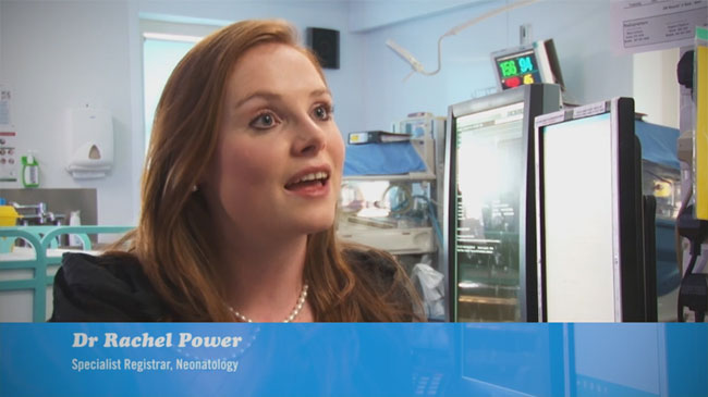 Screen shot Dr Rachel Power from video about the National Neonatal Transport Service. Clicking on this image will take you to a video is hosted on Vimeo and requires login to view.