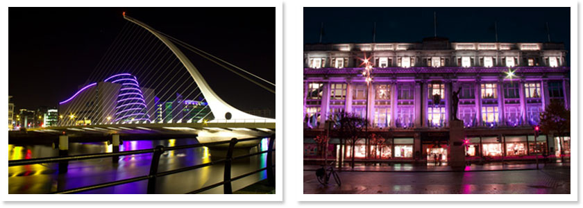 Two photos depiciting the purple illumination of landmark buildings in Dublin on World Prematurity Day