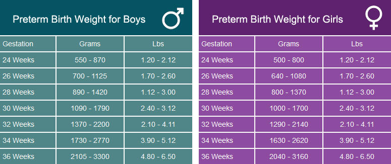 Table showing 'Preterm Birth Weight' for Boys on the left and girls on the right. Gestation periods are listed bi weekly from 24 - 36 Weeks with corresponding weights in Grams and Lbs.