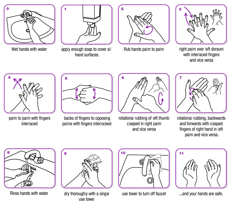 Graphic depicting 12 steps that ensure your hands are thoroughly washed