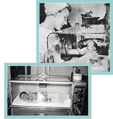 Collage of 2 black and white photos showing old incubators with nurse attending to child in one of the photos