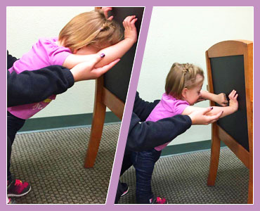 Collage of two photos of young girl undergoing physiotherapy.